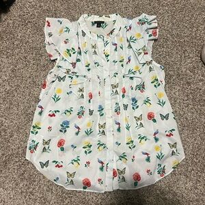 Ann Taylor Womens Blouse Floral and Butterfly Print Small Flutter Sleeve